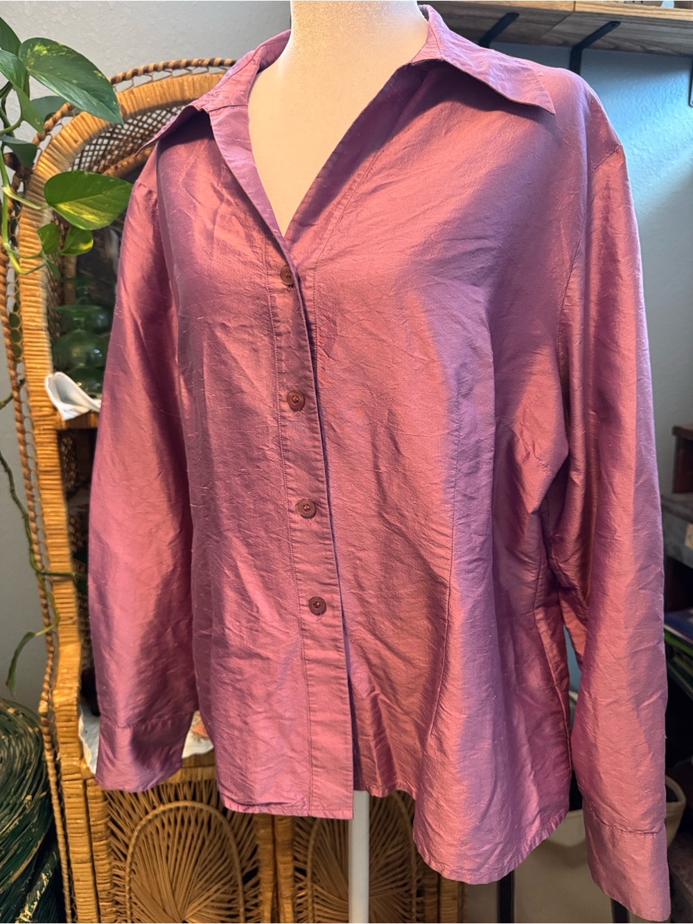 Worthington 100% Silk Iridescent Button Down Blouse Purple Lilac XL EUC 90s Y2K